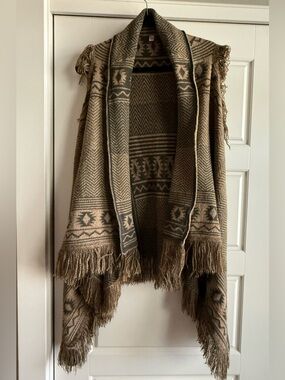 Fringed Aztec Knit Poncho in Taupe and Olive